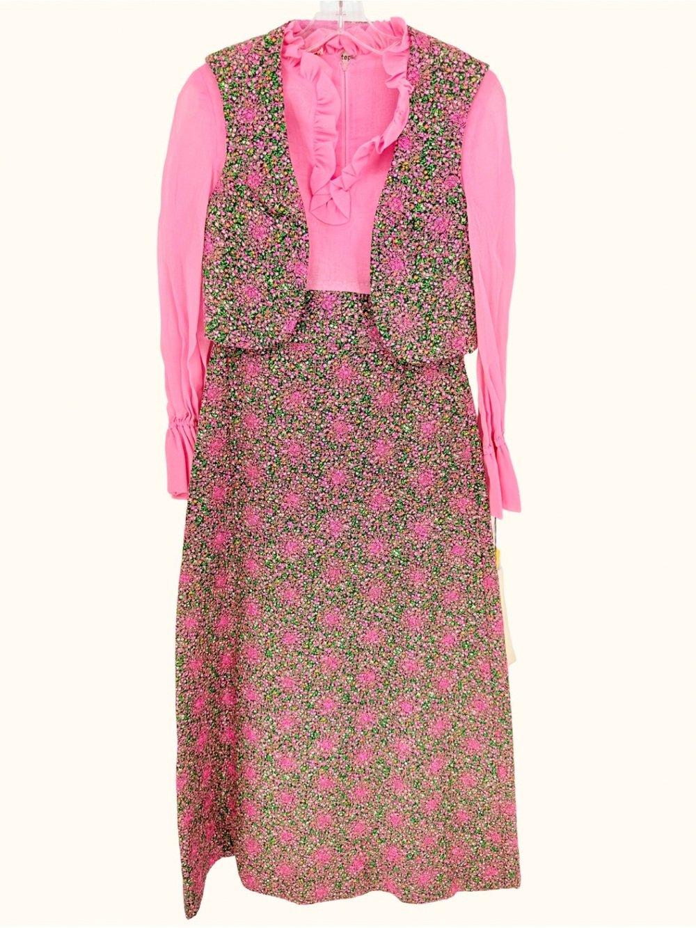 1970s VTG Stephanie B Maxi Dress Vest Set Cottagecore Prairie Ruffle Pink